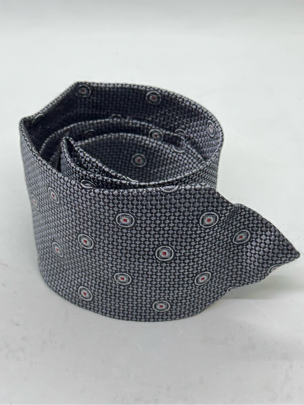 Fendi Roma Silk Tie Gray Geometric Medallion Pattern Luxury Italian Tie